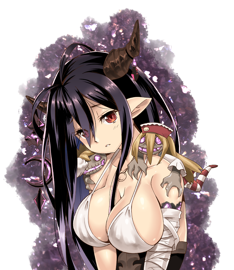 1girl, bandaged_arm, bandages, bangs, breasts, cleavage, crescent, doll