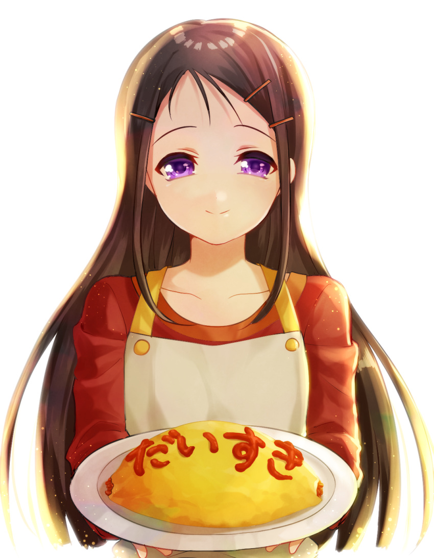 1girl, black_hair, charlotte_(anime), food, highres, long_hair, omurice, otosaka_ayumi