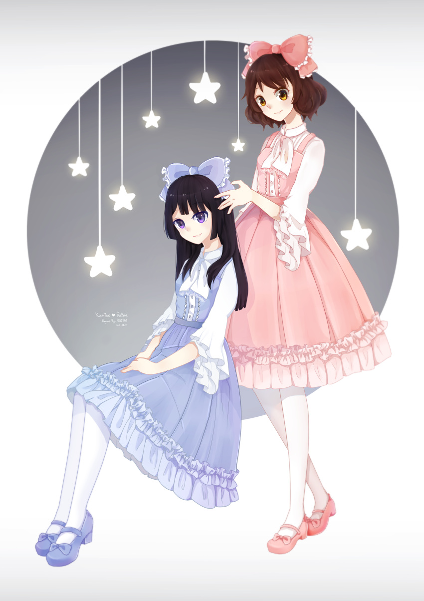323, 2015, 2girls, absurdres, black_hair, blue_dress, bow, brown_hair