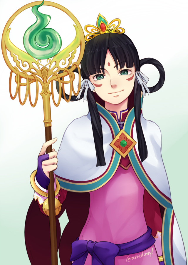 1girl, black_hair, bow, cape, character_request, facial_mark, green_eyes, gyakuten_saiban