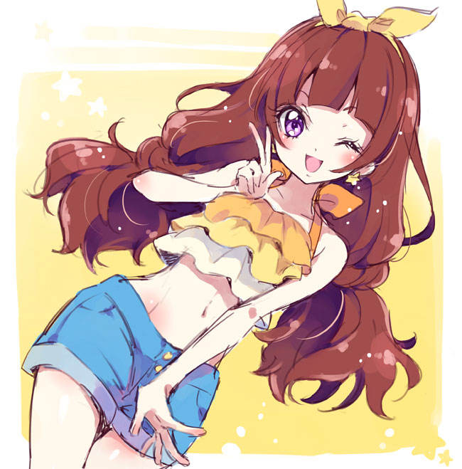 1girl, ;d, amanogawa_kirara, blush, brown_hair, earrings, go!_princess_precure, hairband