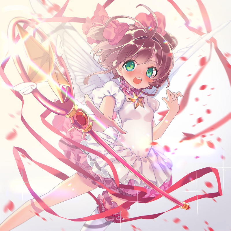 1girl, angel_wings, brown_hair, cardcaptor_sakura, green_eyes, hoshi_no_tsue, kinokoko-kino, kinomoto_sakura