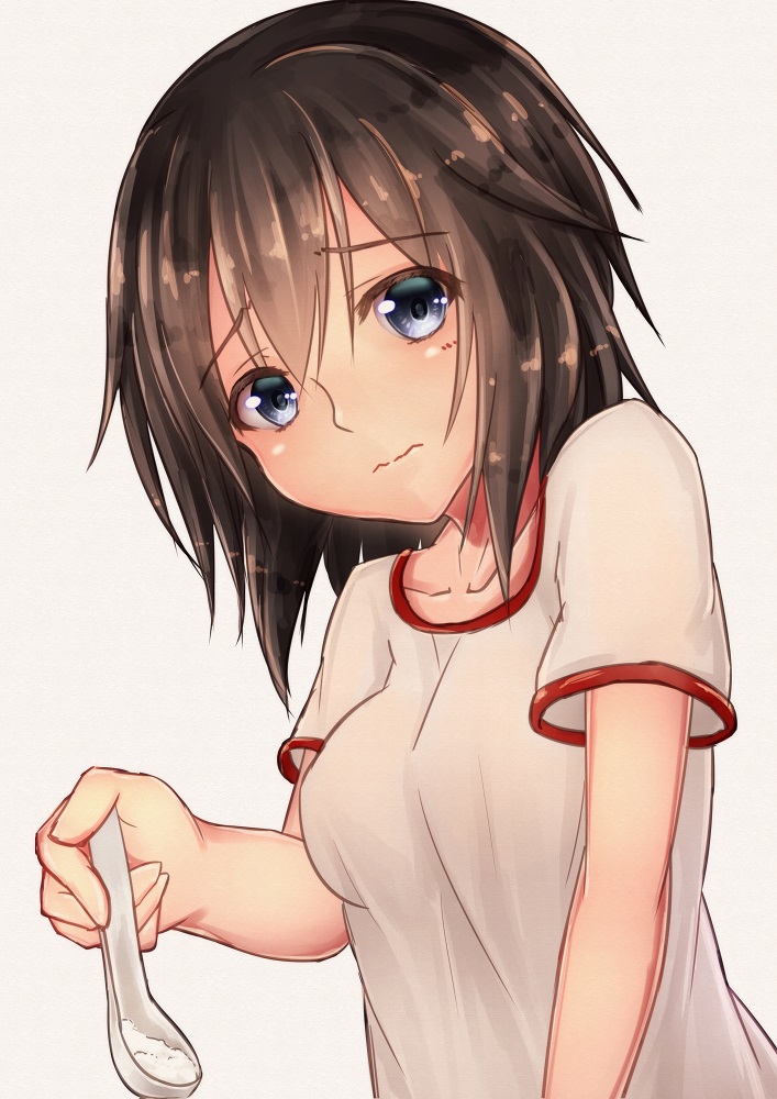 1girl, black_hair, breasts, collarbone, grey_eyes, gym_shirt, hayasui_(kantai_collection), kakigouri, kantai_collection, looking_at_viewer, shirt, short_hair, short_sleeves, simple_background, solo, spoon, white_background