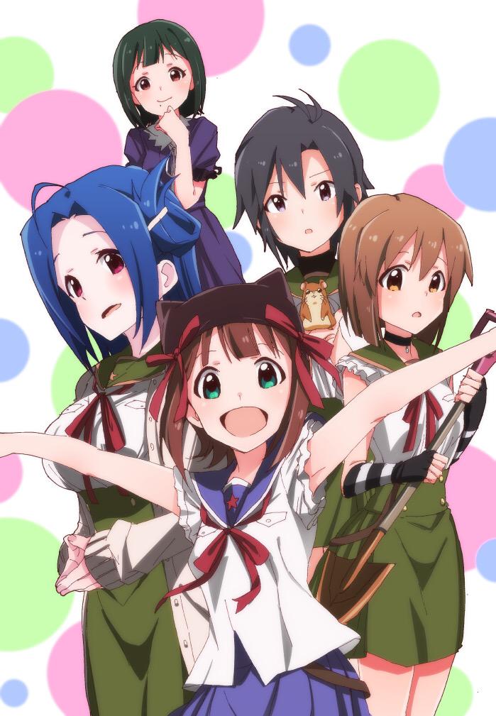 5girls, aco_horn, alternate_hairstyle, amami_haruka, black_hair, blue_hair, brown_eyes, brown_hair