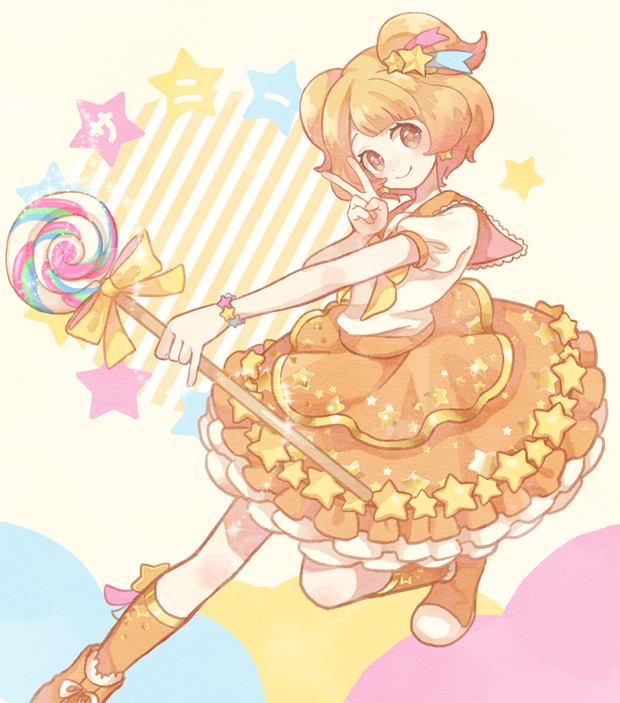 1girl, brown_eyes, candy, character_name, dress, earrings, frills, hair_ornament