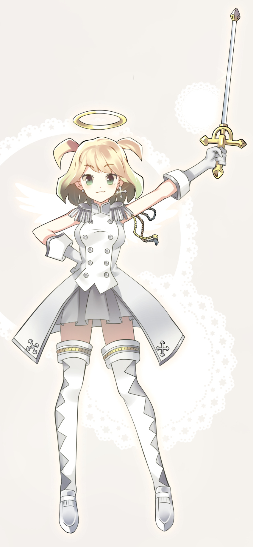 13domon, 1girl, aiguillette, argyle, argyle_legwear, arm_up, blonde_hair, cross_earrings