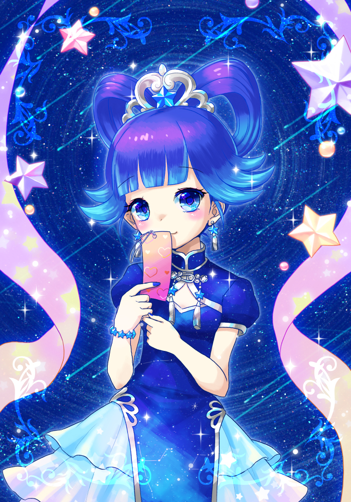 1girl, blue, blue_background, blue_eyes, blue_hair, bracelet, chi_(otoca_doll), china_dress