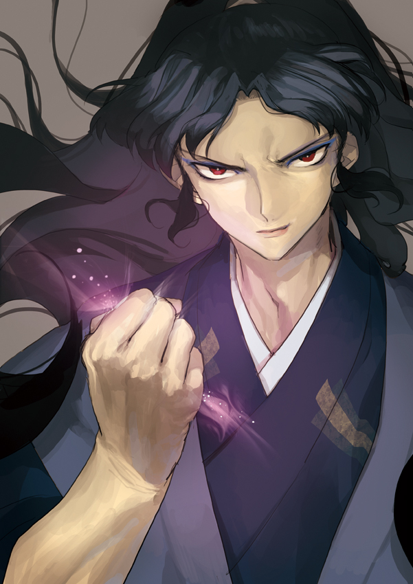 >:), 1boy, bangs, black_hair, clenched_hand, evil, eyeshadow, floating_hair