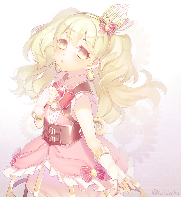1girl, aidi_(otoca_doll), blonde_hair, bow, brooch, corset, earrings, fingerless_gloves