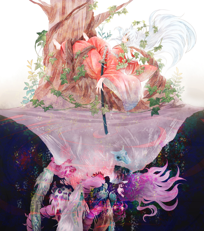 2boys, absurdres, animal_ears, barefoot, demon, different_reflection, dog_ears, floating_hair, fur, highres, inuyasha, inuyasha_(character), japanese_clothes, katana, leaf, long_hair, looking_at_viewer, makochan, multiple_boys, naraku, purple_hair, reflection, sword, tree, vines, weapon, white_hair, wide_sleeves, worms, yellow_eyes