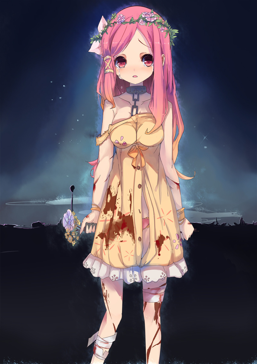 1boy, 1girl, bandages, bangs, bare_shoulders, blood, bouquet, breasts