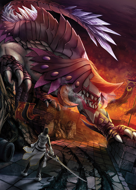 1boy, black_hair, blade_master_(elsword), coat, elsword, flag, male_focus, monster