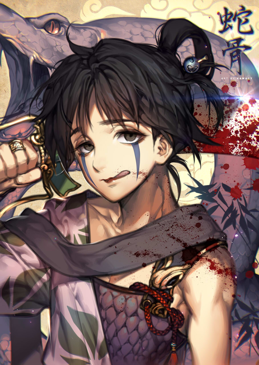1boy, :q, armor, artist_name, black_hair, blood, blood_splatter, empty_eyes