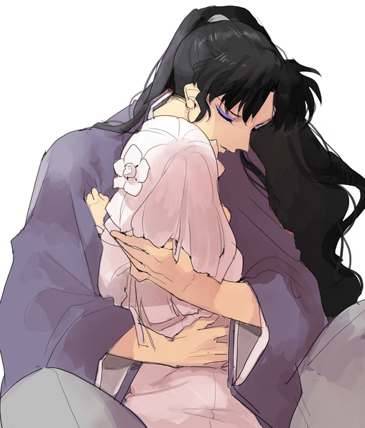 1boy, 1girl, age_difference, black_hair, closed_eyes, flower, hair_flower, hair_ornament
