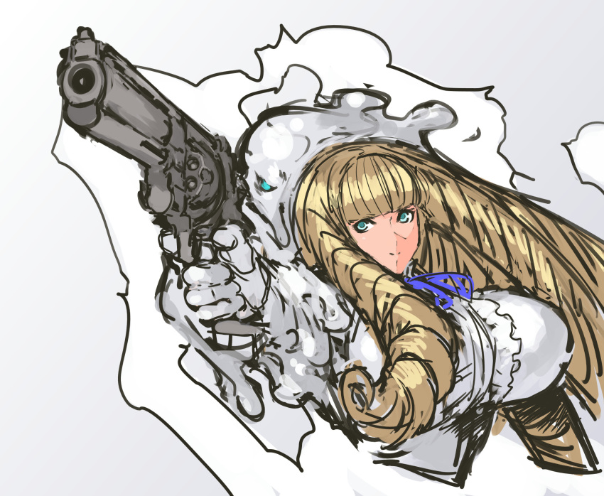 1girl, aqua_eyes, blonde_hair, blue_eyes, breasts, drill_hair, foreshortening, gloves