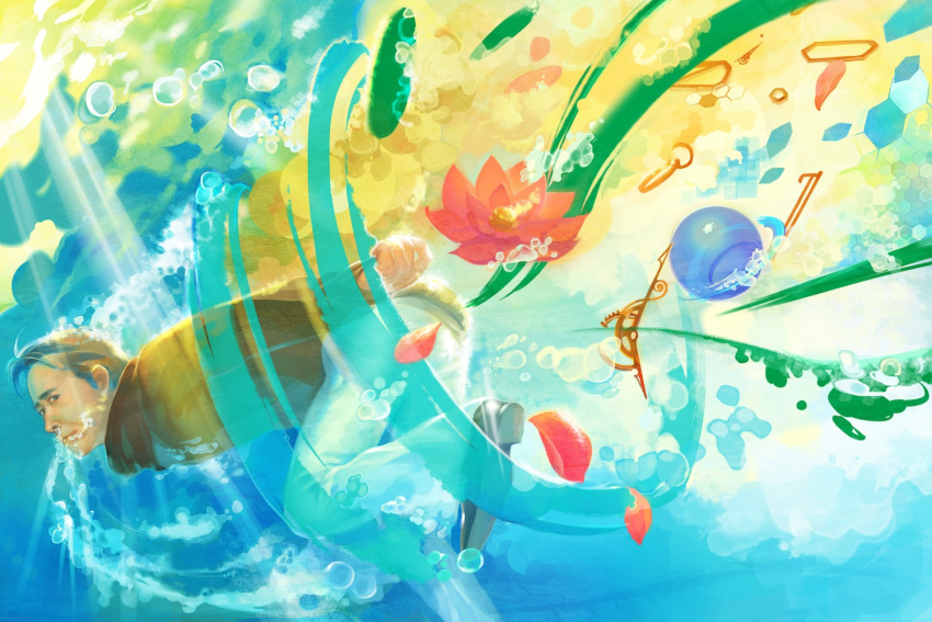 1boy, air_bubble, bent_over, black_eyes, black_hair, clown0248, dutch_angle, energy