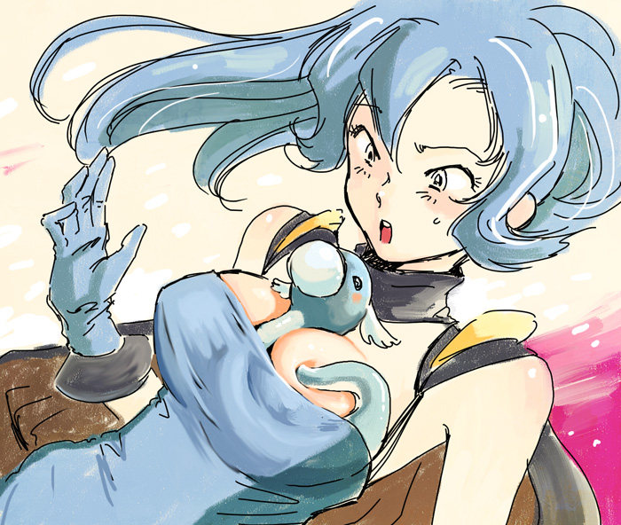 1girl, :o, bangs, bare_shoulders, between_breasts, blue_gloves, blue_hair, blush, breasts, cape, dratini, gloves, hair_between_eyes, ibuki_(pokemon), large_breasts, long_hair, looking_down, open_mouth, pokemon, pokemon_(game), pokemon_gsc, ponytail, sakakibara-rem, solo, surprised, upper_body, white_eyes