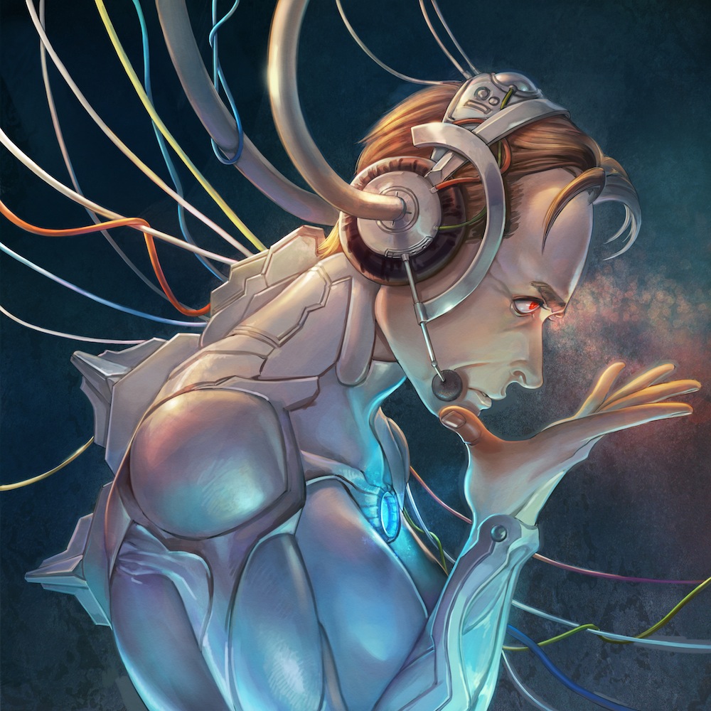 1girl, black_hair, breasts, cable, clown0248, forehead, from_side, glowing
