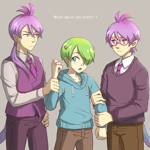 3boys, blue_eyes, dual_persona, green_eyes, green_hair, hair_over_one_eye, hoodie, horns