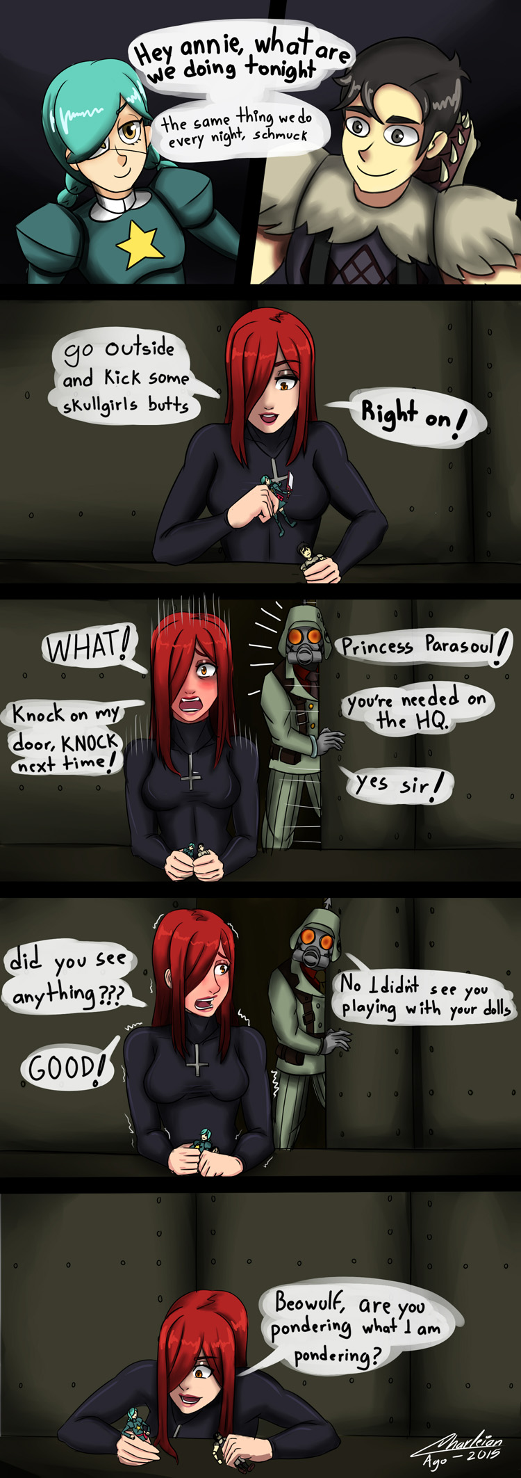 1boy, 1girl, action_figure, annie_(skullgirls), beowulf_(skullgirls), black_egrets, black_hair, blue_hair