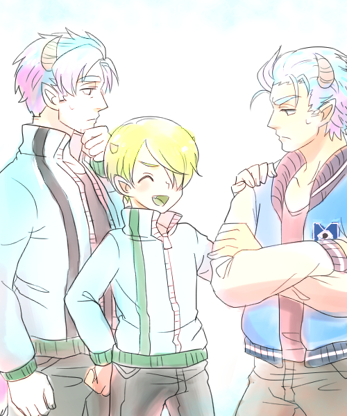 3boys, blue_hair, closed_eyes, crossed_arms, dual_persona, green_hair, hair_over_one_eye, horns