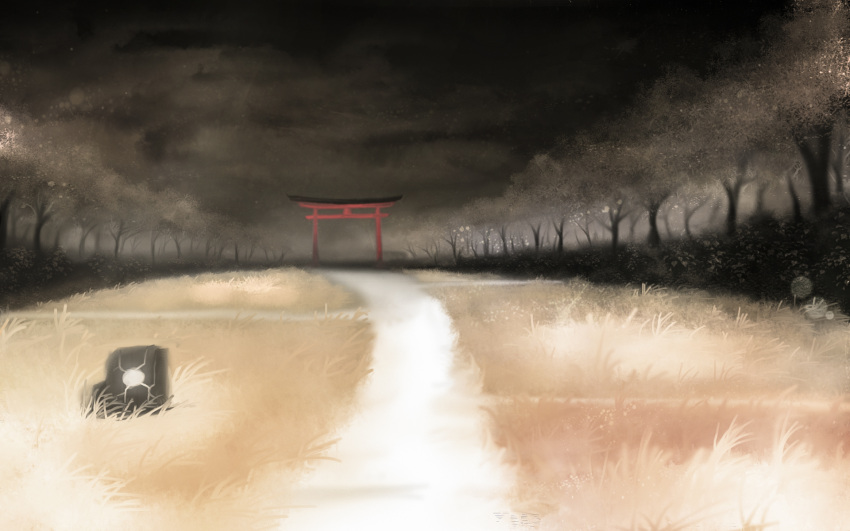akyuun, clouds, cloudy_sky, forest_of_magic, grass, highres, no_humans, path