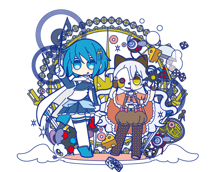 2girls, baton_(instrument), blue_eyes, blue_hair, cape, charlotte_(madoka_magica), cheese, chibi, gloves, instrument, long_hair, magical_girl, mahou_shoujo_madoka_magica, mahou_shoujo_madoka_magica_movie, mask, miki_sayaka, momoe_nagisa, multiple_girls, natsuno_riku, pantyhose, polka_dot, polka_dot_legwear, pyotr_(madoka_magica), short_hair, sword, thigh-highs, trumpet, weapon, white_hair, yellow_eyes, zettai_ryouiki