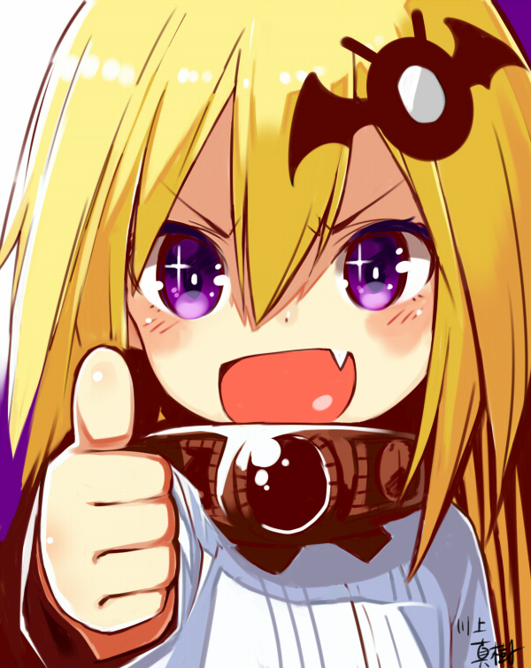 +_+, 1girl, :d, amon_patricia, artist_name, bat_hair_ornament, blonde_hair, commentary_request