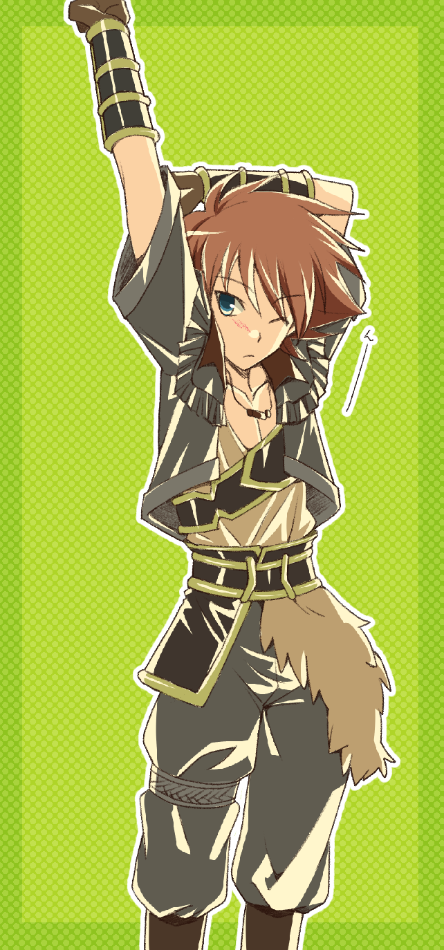 1boy, akari_seisuke, arm_up, ars_(sennen_sensou_aigis), blue_eyes, brown_hair, gloves, green_background, highres, jacket, jewelry, necklace, one_eye_closed, polka_dot, polka_dot_background, sennen_sensou_aigis, vambraces