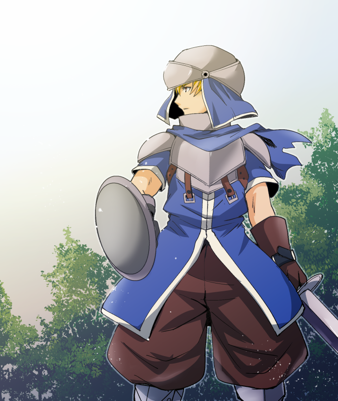 1boy, akari_seisuke, armor, baggy_pants, blonde_hair, buckler, cowboy_shot, forest