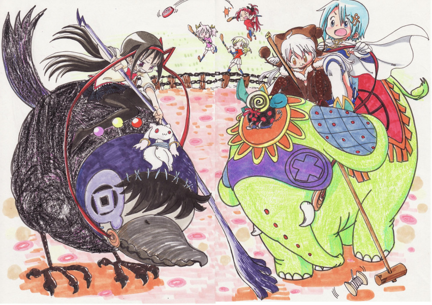 6+girls, akemi_homura, bird, blonde_hair, blue_eyes, blue_hair, bontamochi, cape