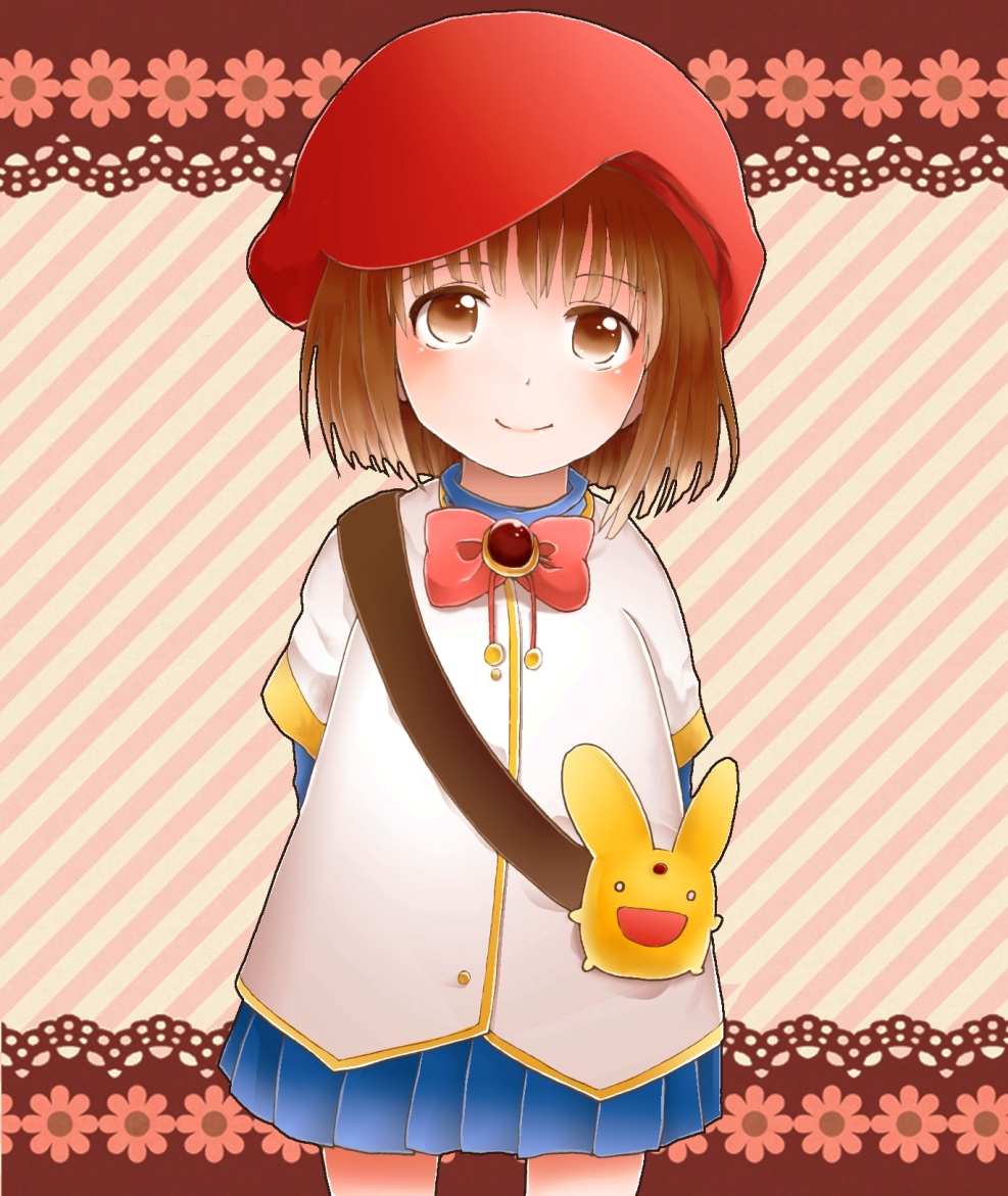 arle_nadja, arms_behind_back, bag, bow, brown_eyes, brown_hair, child, floral_background