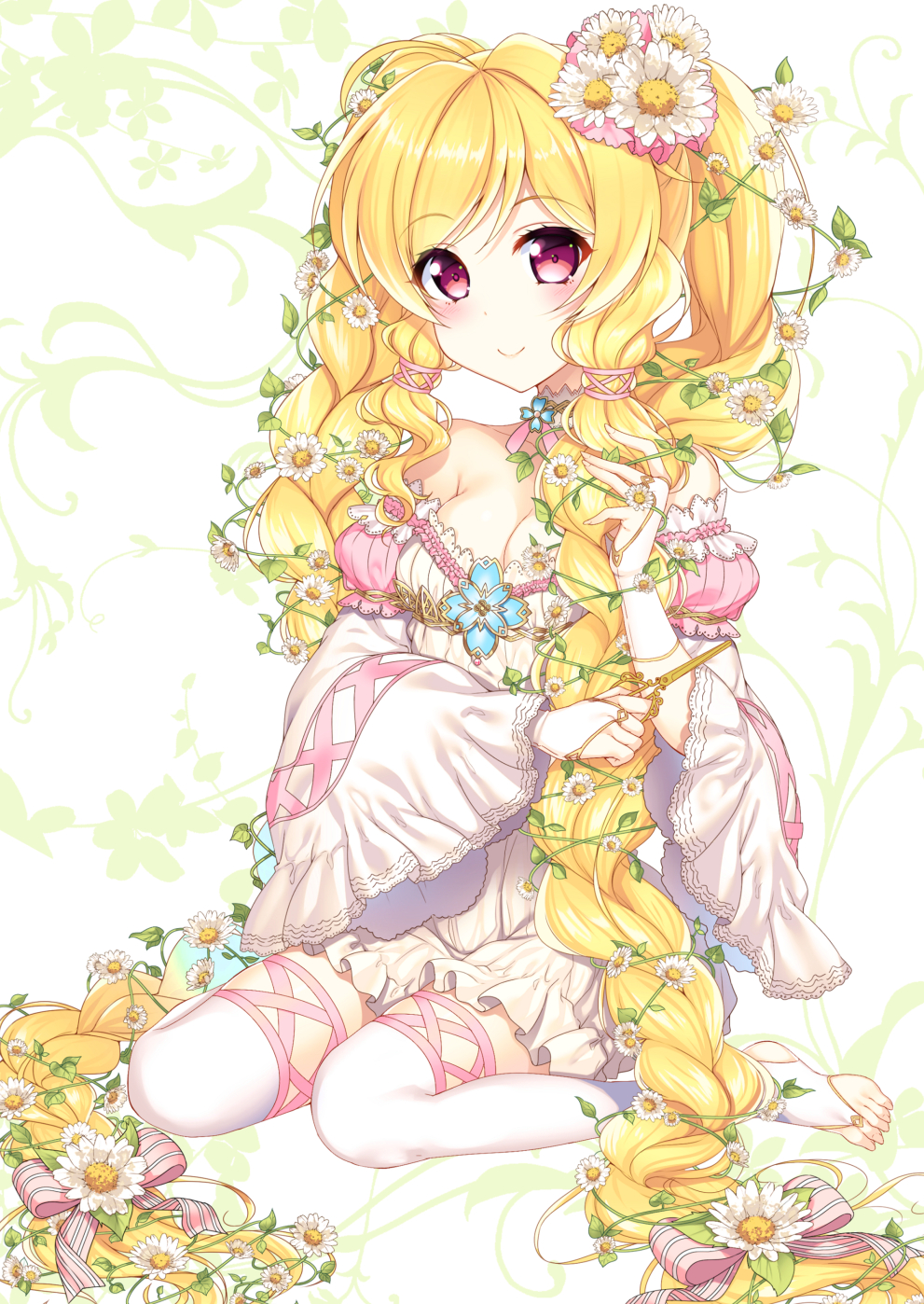 1girl, absurdly_long_hair, bare_shoulders, blonde_hair, braid, breasts, bridal_gauntlets, cleavage