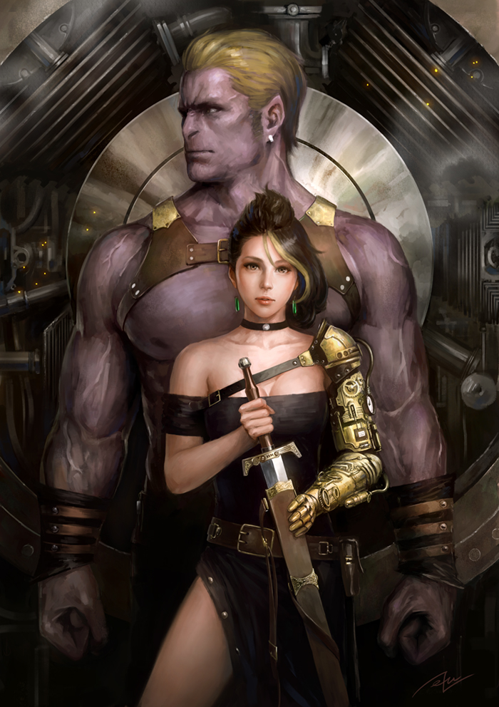 1boy, 1girl, belt, black_dress, black_hair, blonde_hair, breasts, choker, cleavage, dress, earrings, jewelry, kuroiwa_enu, looking_to_the_side, mechanical_arm, monster, multicolored_hair, original, purple_skin, sheath, signature, size_difference, steampunk, sword, two-tone_hair, weapon, wristband