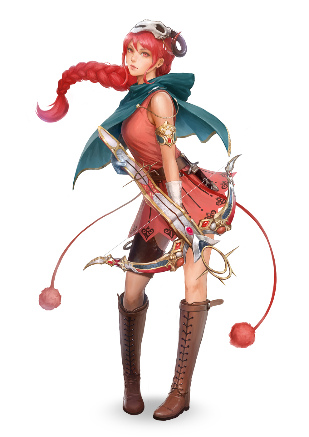 1girl, armband, boots, bow_(weapon), braid, character_request, crossbow, dress