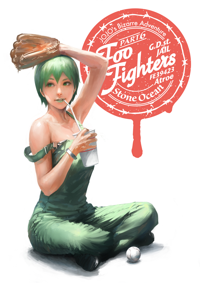 1girl, arm_on_head, baseball, baseball_mitt, bracelet, character_name, copyright_name, cup