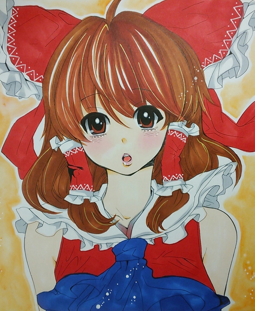 1girl, ascot, blush, bow, brown_background, brown_eyes, brown_hair, collarbone