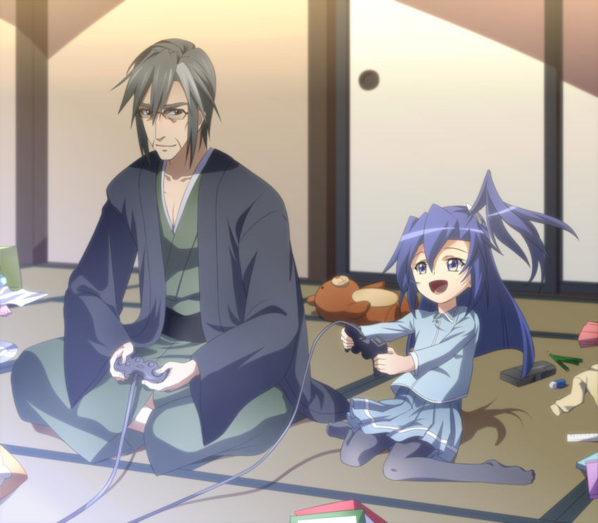 1boy, 1girl, :d, blue_eyes, child, controller, eraser, game_controller