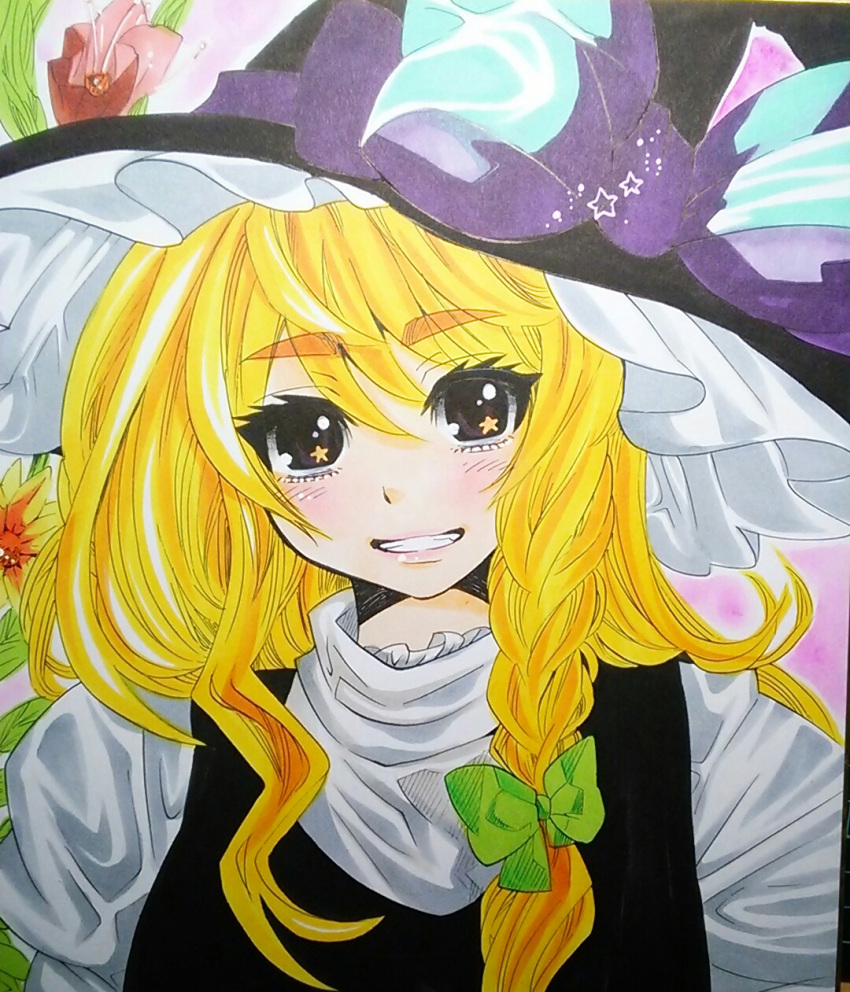 1girl, black_eyes, blonde_hair, bow, braid, eyebrows, eyebrows_visible_through_hair, flower