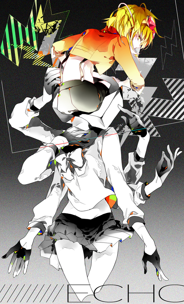 2girls, alternate_color, back, blonde_hair, bowtie, echo_(vocaloid), gloves, goggles