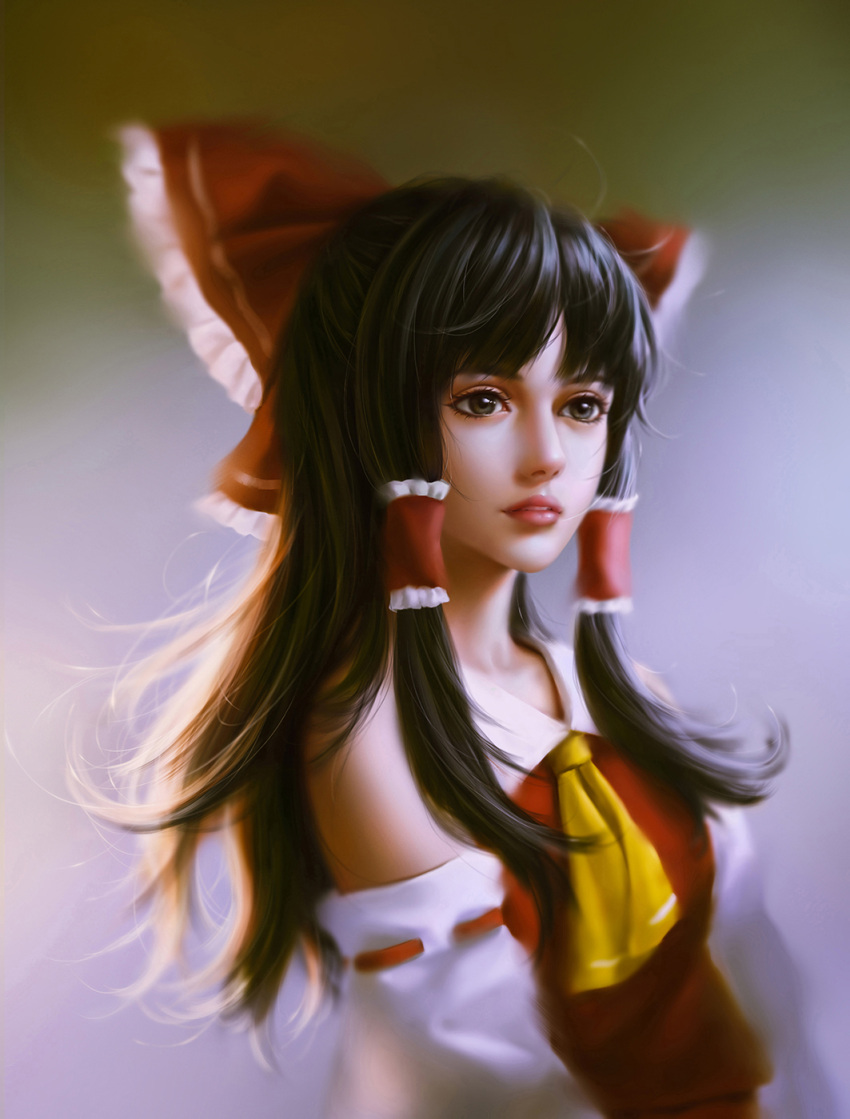 1girl, ascot, backlighting, bita_(vaderc), black_eyes, black_hair, bow, collarbone, detached_sleeves, eyebrows, eyelashes, eyes, hair_bow, hair_tubes, hakurei_reimu, highres, lips, long_hair, looking_to_the_side, neck, nose, parted_lips, realistic, ribbon-trimmed_sleeves, ribbon_trim, sleeveless, solo, teeth, touhou, upper_body