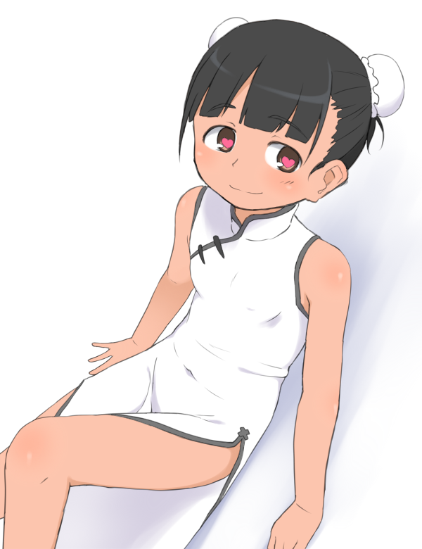 1girl, black_hair, brown_eyes, bubukka, china_dress, chinese_clothes, heart, heart-shaped_pupils