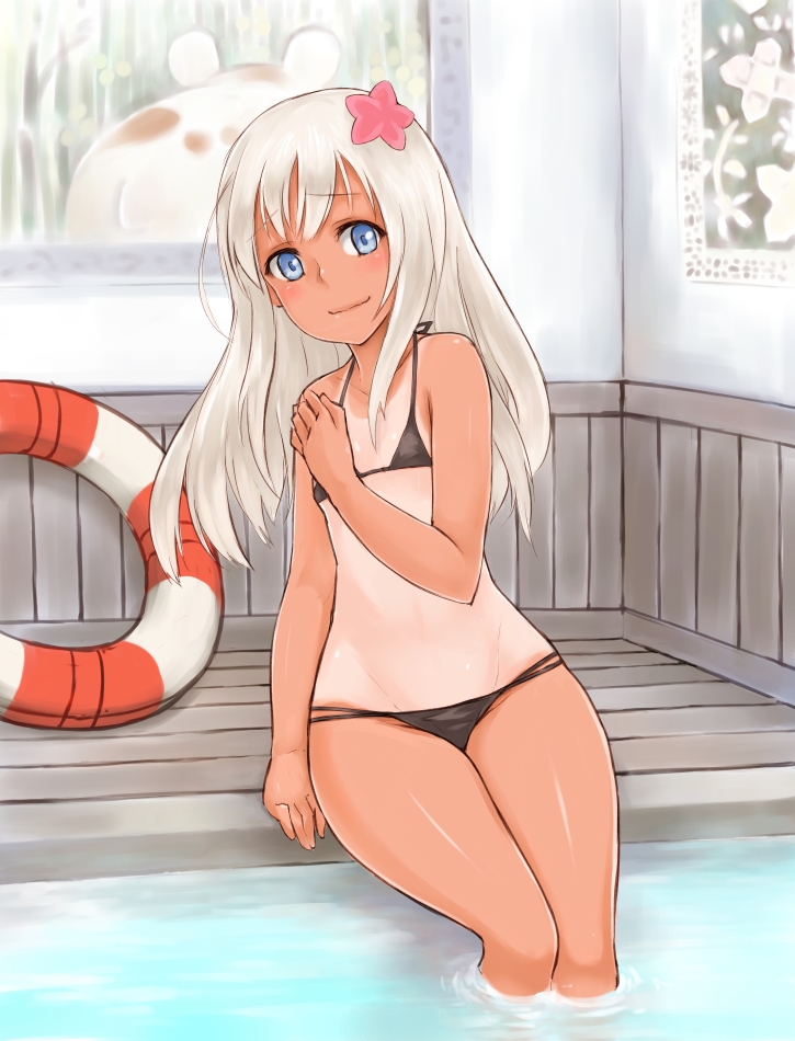1girl, angoha, bikini, black_bikini, blue_eyes, feet_in_water, flower, hair_flower