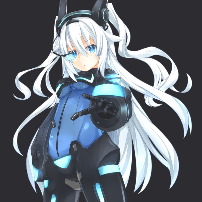 1girl, bangs, black_heart, blue_eyes, bodysuit, gauntlets, hair_between_eyes, headgear