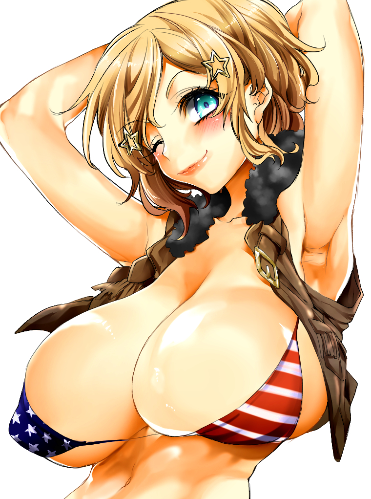 1girl, akiomi_aiko, america_(hetalia), american_flag_bikini, aqua_eyes, armpits, arms_up, axis_powers_hetalia