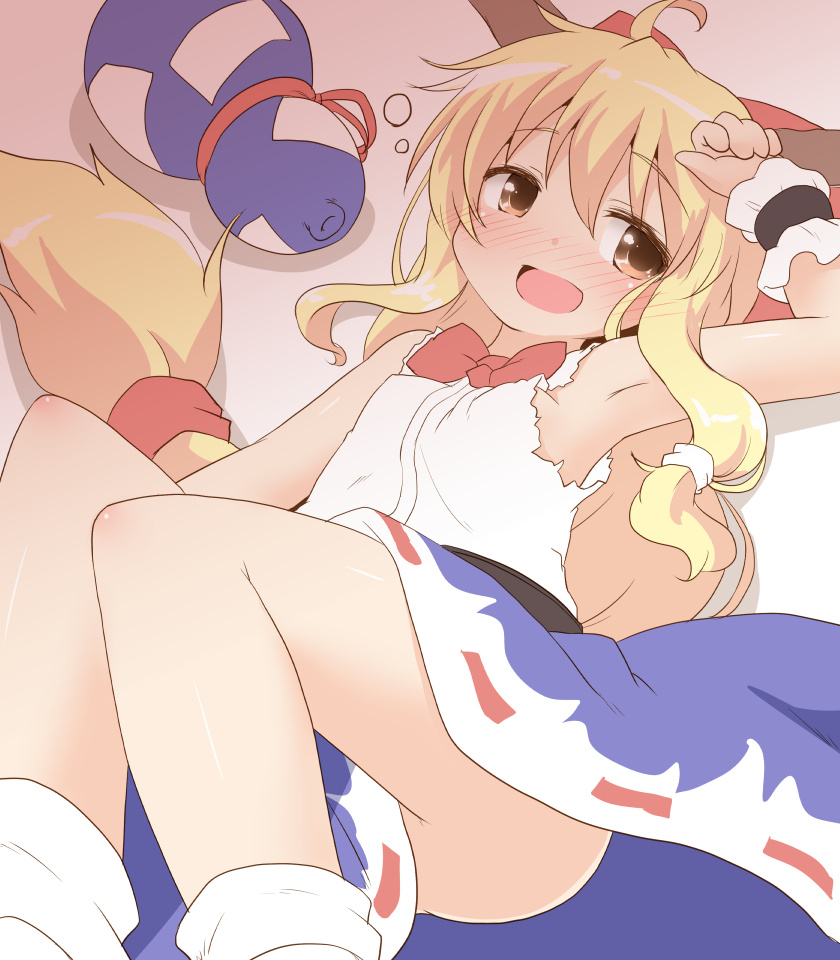 1girl, arm_up, armpits, ass, blonde_hair, blush, bow, brown_eyes