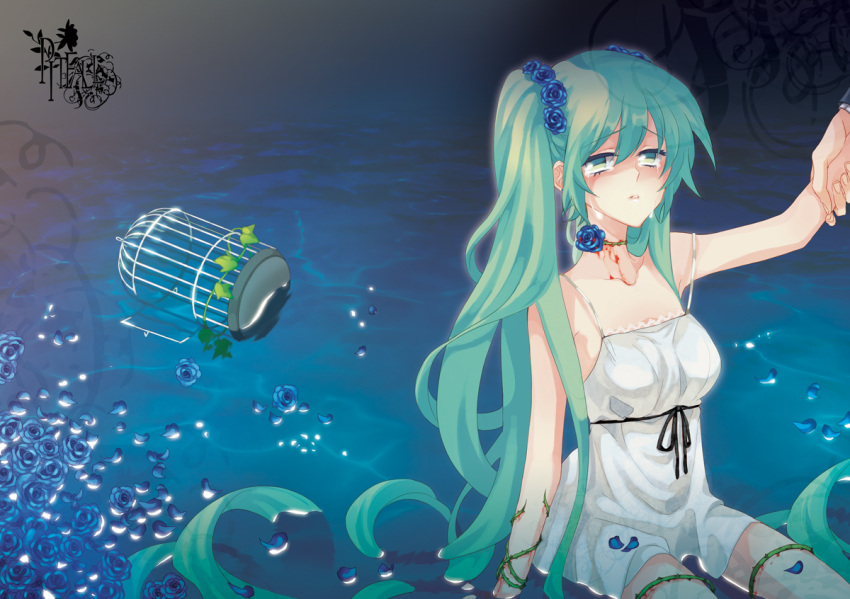 ayto, blood, blue_rose, cage, choker, dress, flower, green_eyes