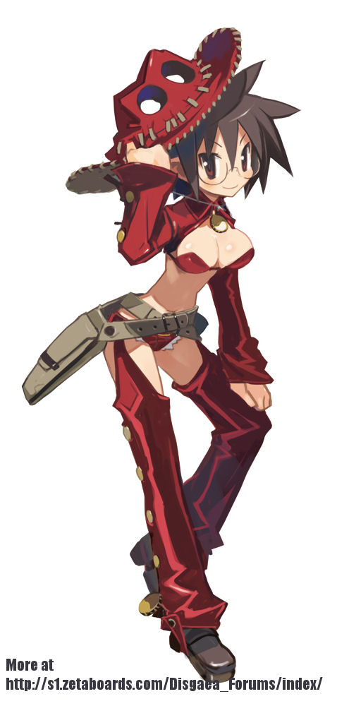 breasts, brown_hair, character, cow_girl, cowboy_hat, disgaea, disgaea_3, female, female_gunner_(disgaea), glasses, gun, gunner_(disgaea), hat, large_breasts, makai_senki_disgaea_3, official_art, red_eyes, spiked_hair, spiky_hair, weapon, western