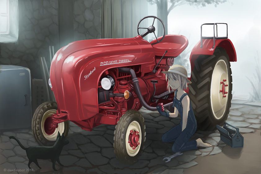 1girl, barefoot, blonde_hair, cat, dead-robot, denim, farm, farmer, farmwork, gloves, hat, original, overalls, short_hair, tractor, wrench