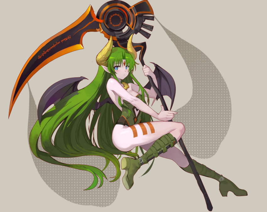 1girl, demon_girl, demon_horns, demon_tail, demon_wings, ferris_(rance), green_hair, horns